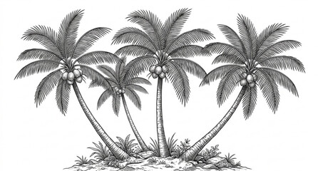 Obraz premium Coconut palm trees hand drawn vintage engraving vector illustration isolated on white background