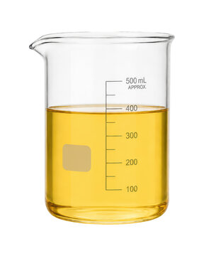 Laboratory glass beaker filled with yellow gasoline liquid isolated on a white background, transparent scientific container with volume measurement markings, fuel and petrochemical industry concept