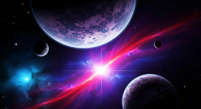 Cosmic outer space scene with glowing light rays and multiple planets sci fi solar system universe astronomy exploration background celestial visionary infinite