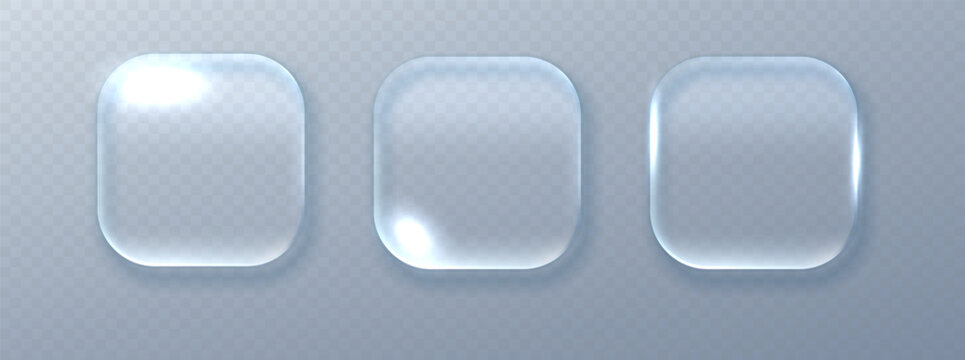 Frosted glass frame featuring realistic liquid reflections and transparent material. Modern 3D UI component for technology, gaming and app design.