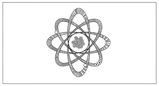 Atomic structure illustration, stylized atom model with orbiting electrons and nucleus, black and white