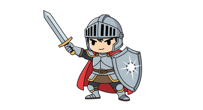 Brave little knight wearing full armor and a red cape holds a silver sword and a shining shield for battle.