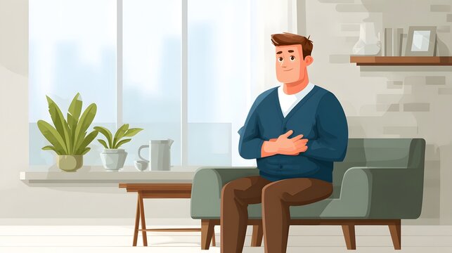 Fatty liver disease awareness concept, male patient sitting at home holding chest and abdomen, realistic medical illustration