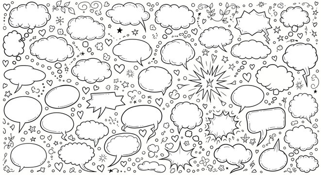 Collection of various comic speech bubbles and thought clouds with hearts stars