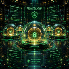 Fototapeta premium Privacy by design encrypted data globe under glass dome protecting personal information with secure padlock symbol and glowing circuitry creating futuristic data protection scene
