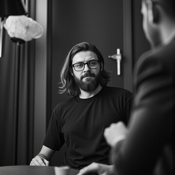 Thoughtful Bearded Man Portrait in Modern Interior with Natural Light