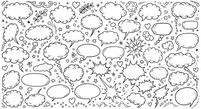 Collection of various comic book style speech bubbles and icons