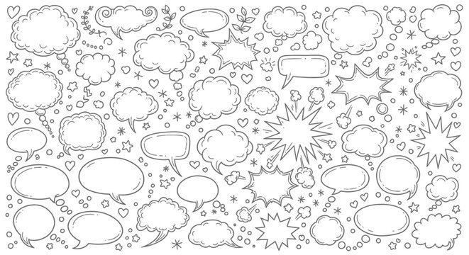  A black and white illustration of various comic book style speech bubbles and thought clouds