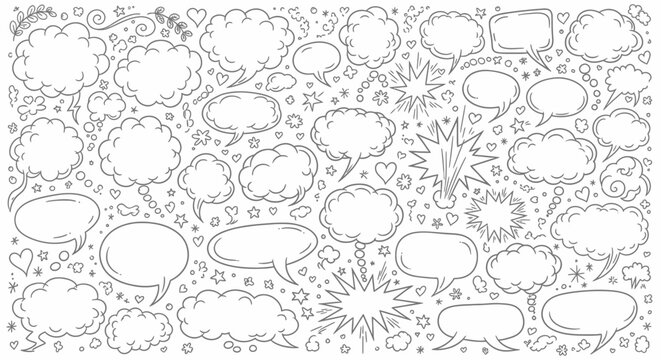  A black and white illustration of various comic book style speech bubbles and thought clouds