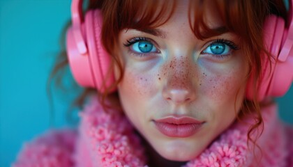 Obraz premium Young woman with red hair and blue eyes wears pink headphones and sweater. She has freckles and a playful expression. She enjoys listening to music.