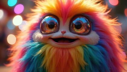 Fototapeta premium Cute fluffy rainbow monster with big sparkly eyes and happy smile. This fun character is brightly colored and looks like fantasy creature from childs story. It might be from carnival or festival.