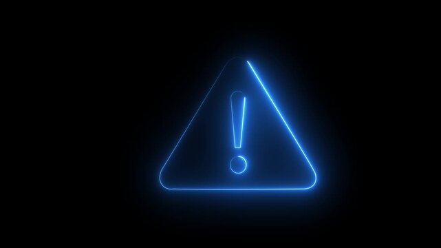 blue Animation of glowing neon Warning attention icon signal , alert , risk , safety, danger road warning sign animated .neon sign Warning alert icon isolated on black background