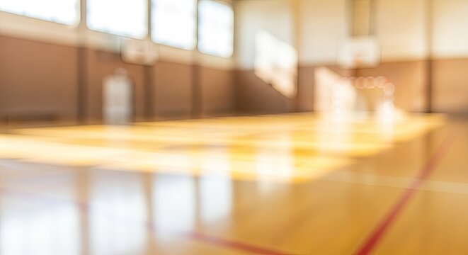 Blurred background of an empty sunlit school gymnasium basketball court.