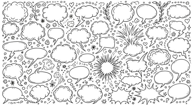  A black and white illustration of various comic book style speech bubbles and thought clouds