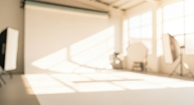 Blurred interior of a professional photography studio with a white cyclorama background and natural sunlight.