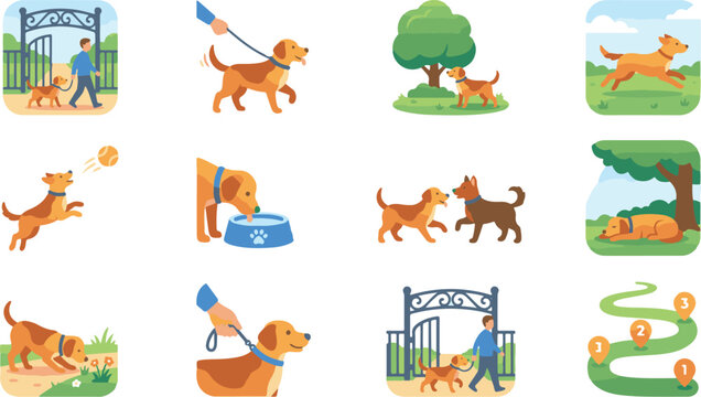 Dog activities flat design icons set