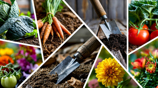 montage of fruit , Vegetables and Flower images in a grid formation separated by a white keyline creating a dynamic layout