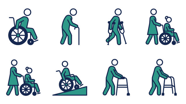 Disability and Elderly Care Icons, Wheelchair Accessibility and Patient Rehabilitation Vector Signs, Senior Mobility Assistance Symbols Set