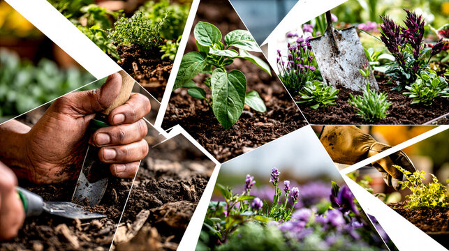 montage of fruit , Vegetables and Flower images in a grid formation separated by a white keyline creating a dynamic layout