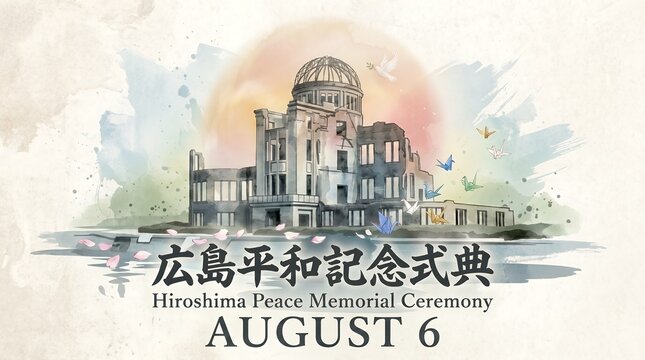 Watercolor Illustration of Hiroshima Peace Memorial Atomic Bomb Dome with Paper Cranes and Cherry Blossoms