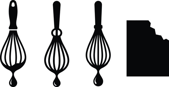 Black silhouette collection of kitchen whisks with chocolate drips and bitten chocolate bar.