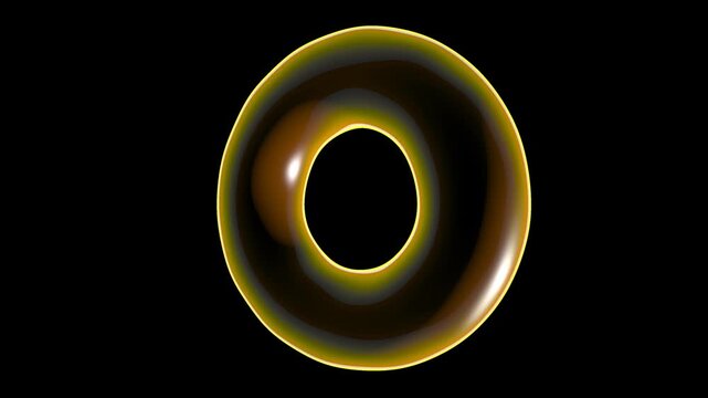 Glowing golden torus rotating in dark space creating smooth liquid metal animation motion visual effect clip