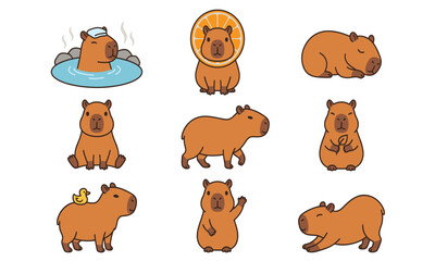 Obraz premium Cute Capybara Character Sheet Vector Illustration Set