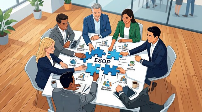 Collaborative business meeting on esop strategies modern office digital illustration professional environment top-down view teamwork concept