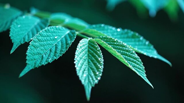 Close-up of vibrant green leaves with tiny water droplets, symbolizing nature's freshness and the beauty of foliage after rain