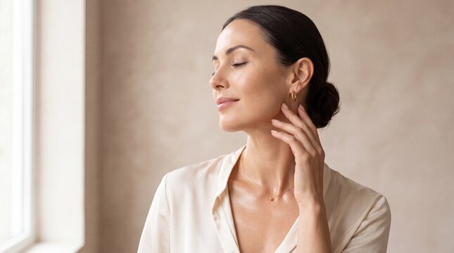 Elegant woman with smooth skin and natural makeup posing indoors, eyes closed, touching face gently, serene expression, soft light, beauty and skincare concept