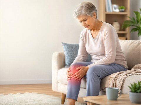 Elderly woman sitting on sofa holding painful knee with red glow indicating arthritis pain. Concept of joint pain, aging health problems, and senior citizen discomfort at home