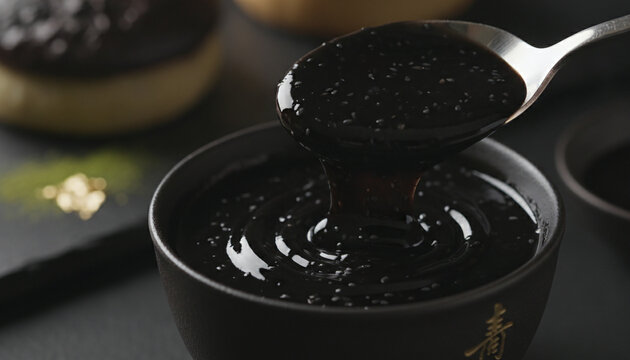Premium black sesame paste Kuro Goma thick glossy swirling texture