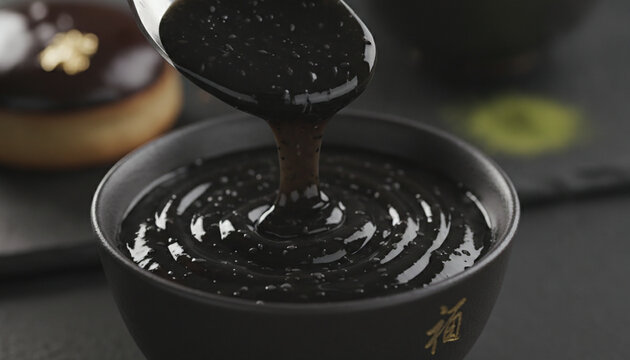 Premium black sesame paste Kuro Goma thick glossy swirling texture