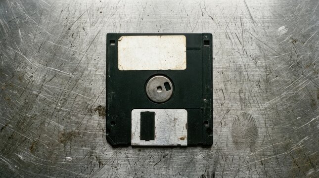 Vintage Floppy Disk on a Textured Metallic Surface.