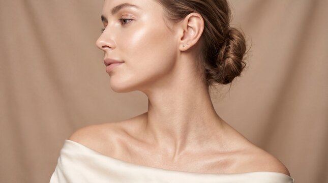 Elegant woman with glowing skin smooth jawline and defined neck wearing off shoulder white fabric neutral background natural makeup serene expression beauty and skincare concept
