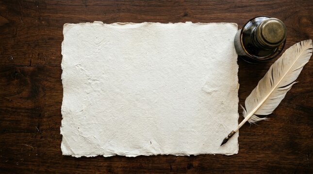 Vintage Quill Pen and Inkwell on Aged Paper Background.