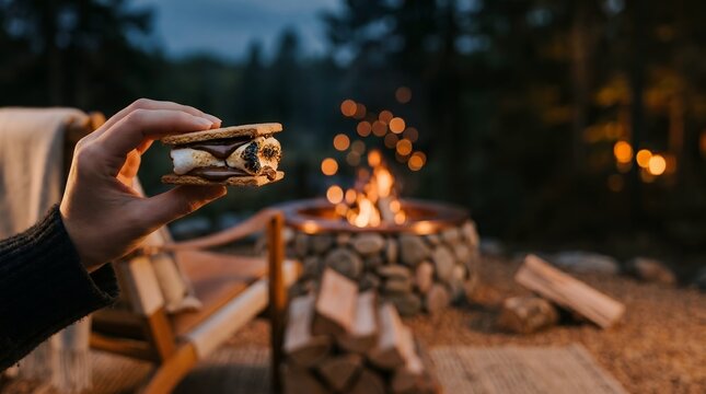 Close Up of Hand Holding a Deliciously Toasted Smores Snack by a Warm Outdoor Campfire Gathering