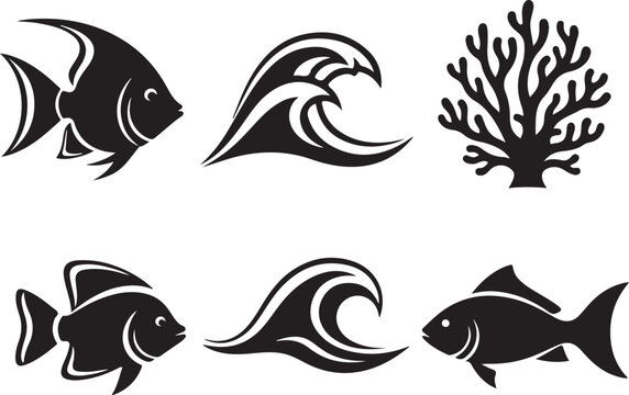 Marine Life and Ocean Wave Silhouette Vector Elements Set, Fish and Coral Icons