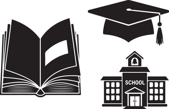 Education and school icon set with open book, graduation cap, and school building silhouette vector