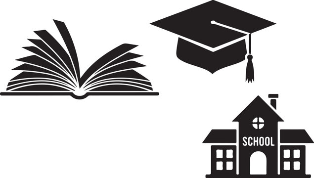 Education and Graduation Vector Icon Set with Open Book, Graduation Cap, and School Building Silhouette