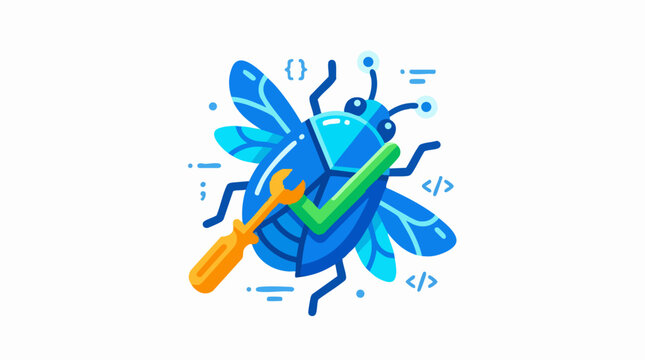 Software bug fixing vector illustration, blue beetle insect with screwdriver and checkmark, computer programming debugging concept icon