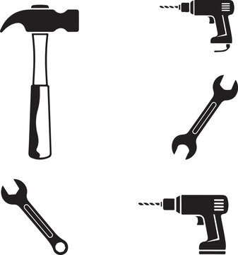 Hand tools and power tools vector silhouette set with hammer, wrenches, and electric drills
