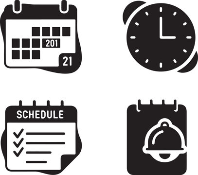 Time management and schedule icon set, calendar, alarm clock, task checklist, and notification bell vector silhouettes