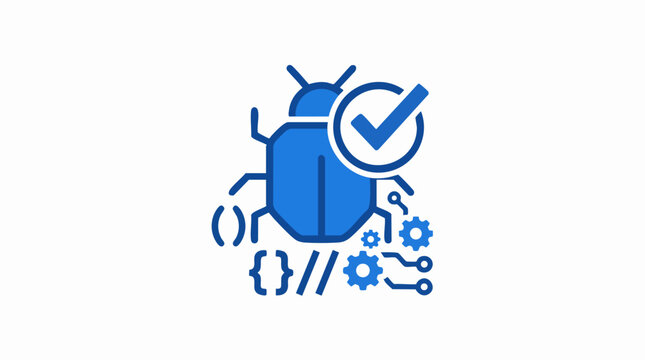 Software bug fix icon, blue flat vector illustration of insect with checkmark, computer programming code debugging and quality assurance symbol