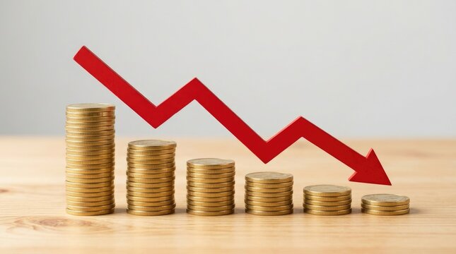 Financial Crisis Downward Trend Graph with Decreasing Coin Stacks.