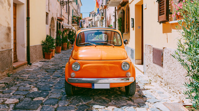 microcar. Brightly colored vintage microcar parked on narrow European cobblestone street. mobility guides, transit brochures, designed for transport & logistics marketing, clarifies navigation.