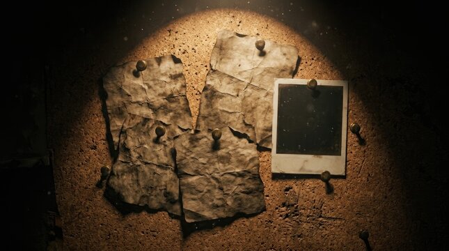 Creepy old clothes pinned to a wall with a polaroid photo.