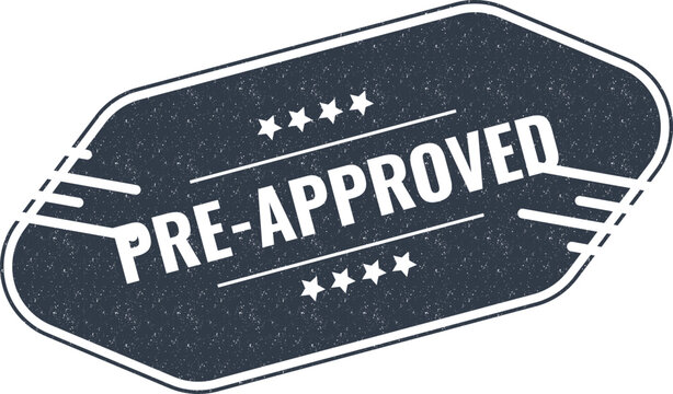 A vintage dark blue badge with the text pre approved displayed in a clean bold font
