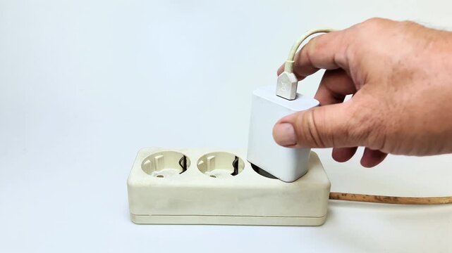 A man's hand trying to plug a cell phone charger into an electrical socket on white Background.