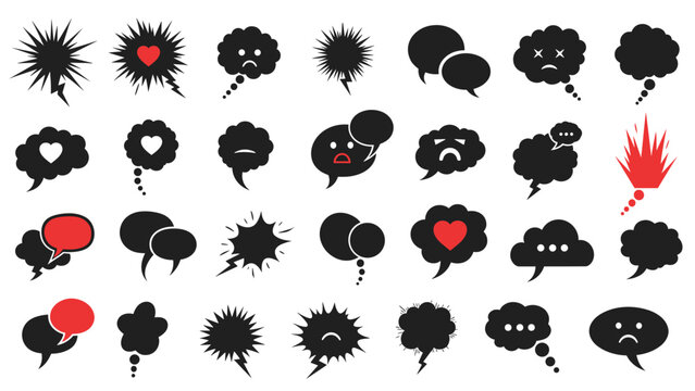 Large set of various black speech and thought bubble silhouettes featuring different emotions and icons for comic book style designs.